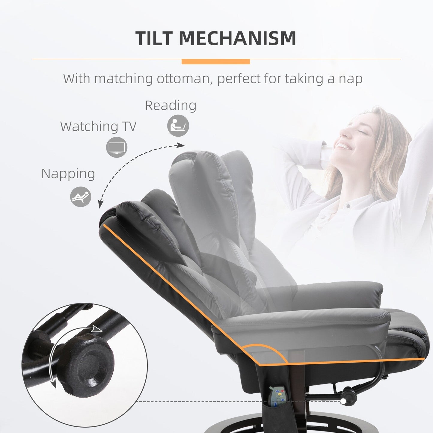 Fauteuil de massage inclinable moderne, réglable en cuir PU, pivotant à 360°, avec repose-pieds et télécommande