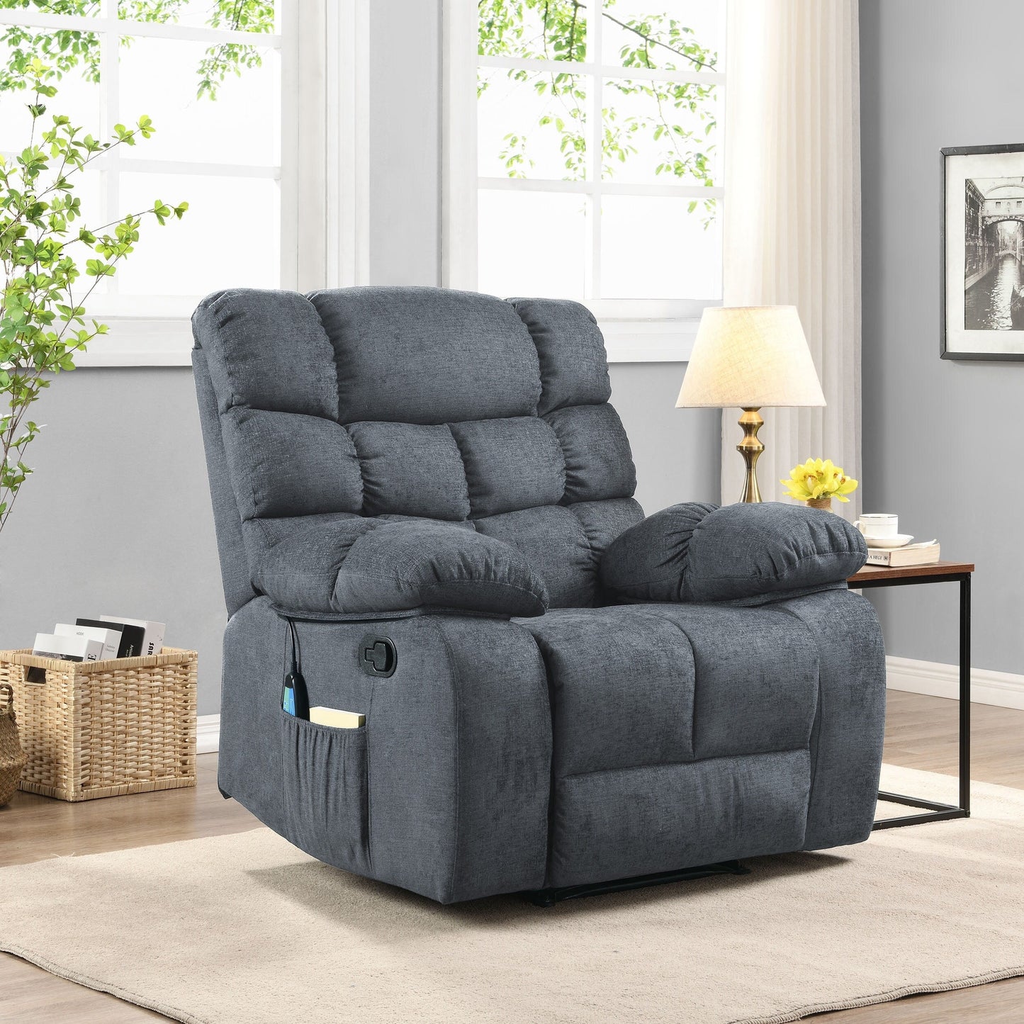 Fauteuil de massage inclinable moderne avec coussins capitonnés et inclinaison manuelle