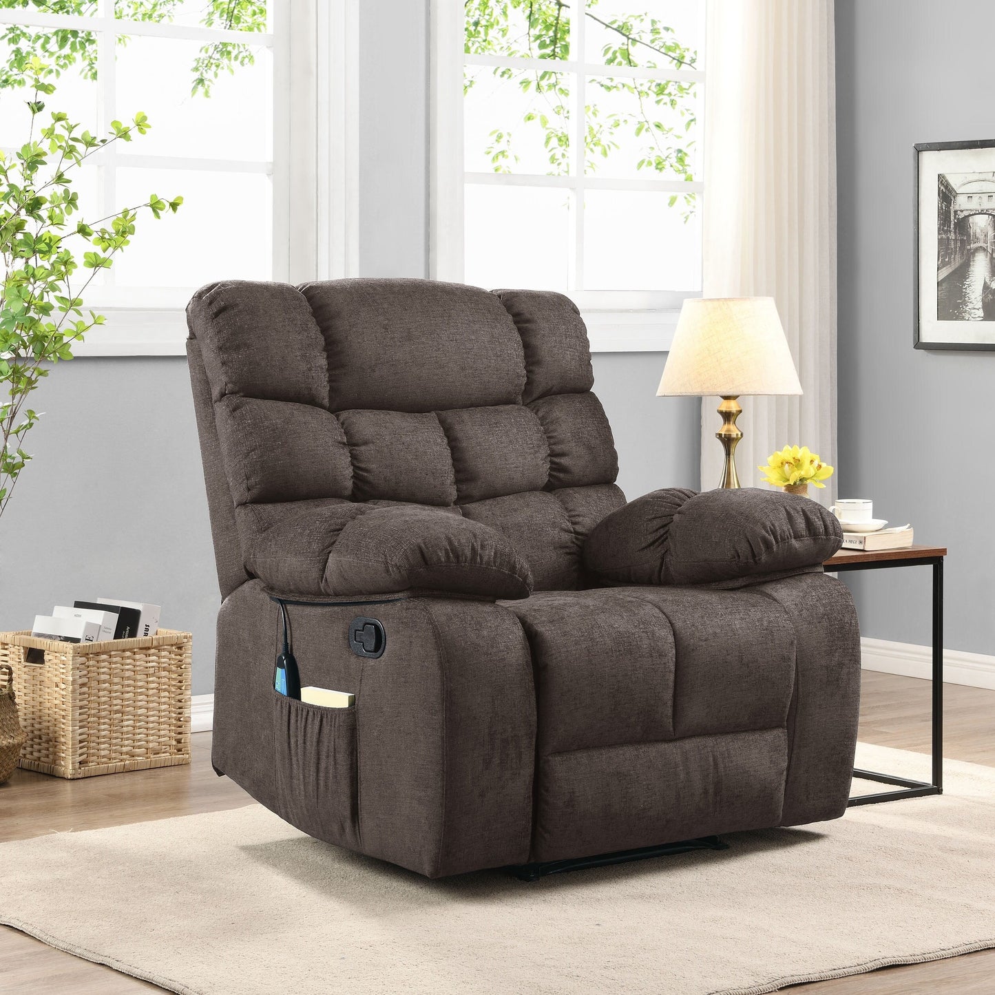 Fauteuil de massage inclinable moderne avec coussins capitonnés et inclinaison manuelle