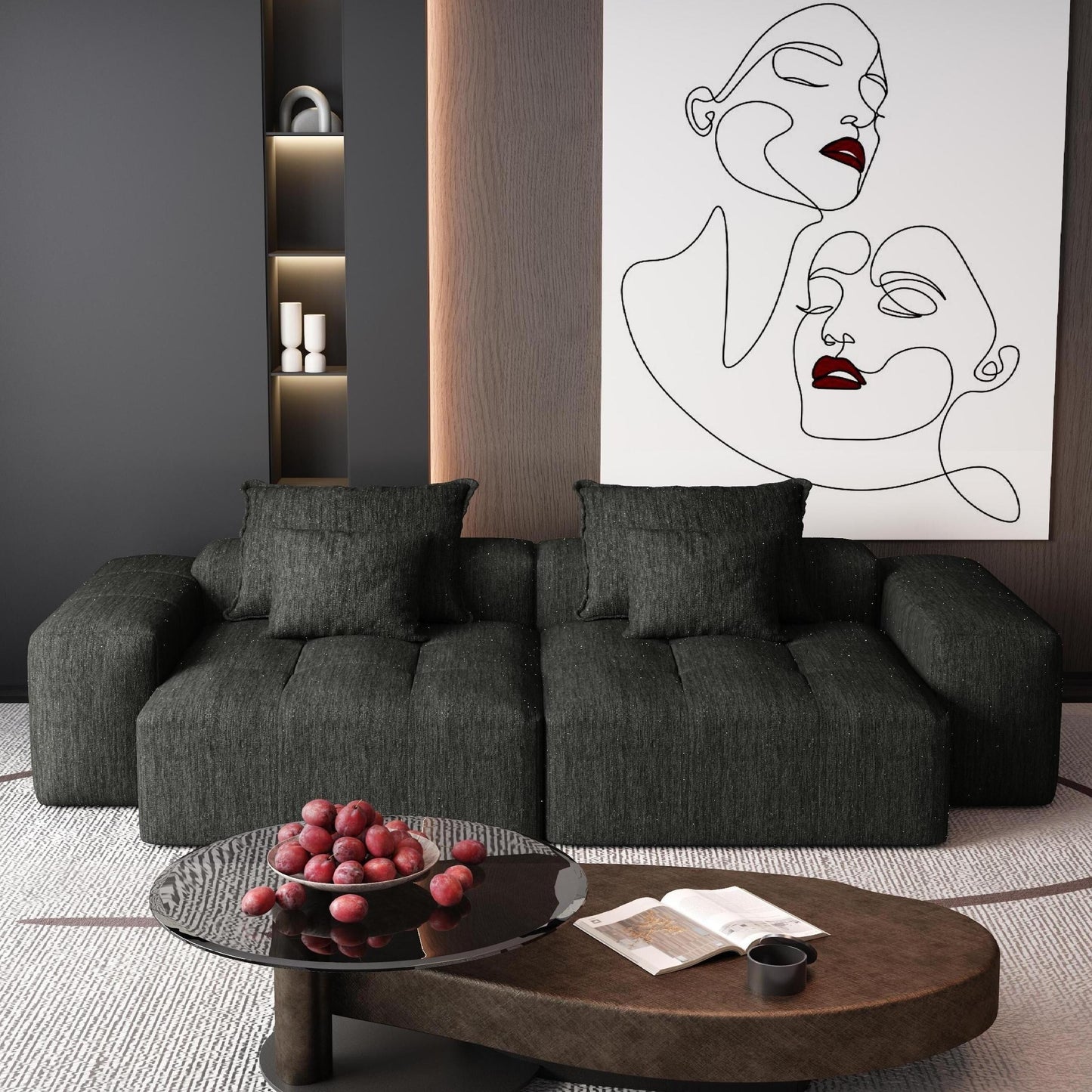 Canapé modulaire moderne en chenille avec 2 chaises longues, 2 accoudoirs et 4 coussins pour le salon