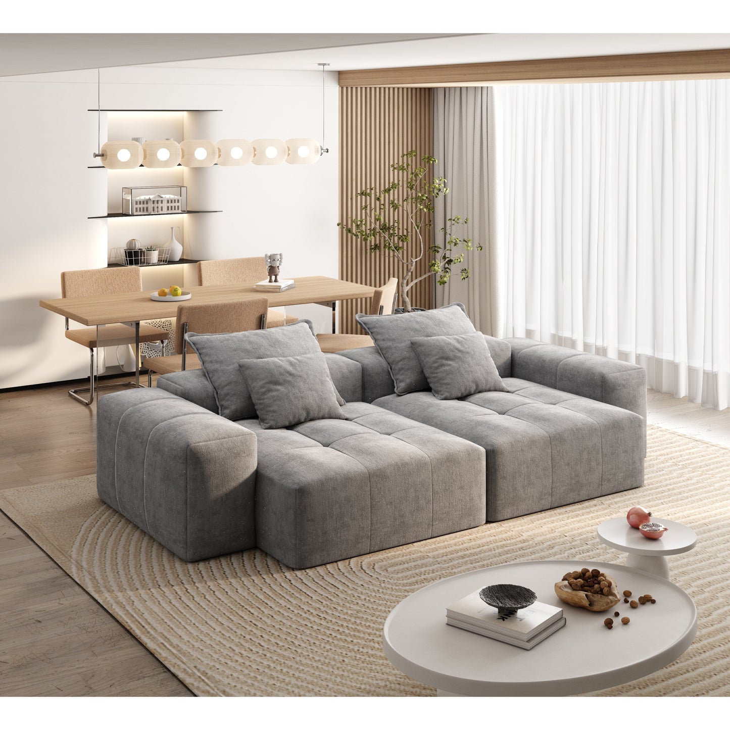 Canapé modulaire moderne en chenille avec 2 chaises longues, 2 accoudoirs et 4 coussins pour le salon