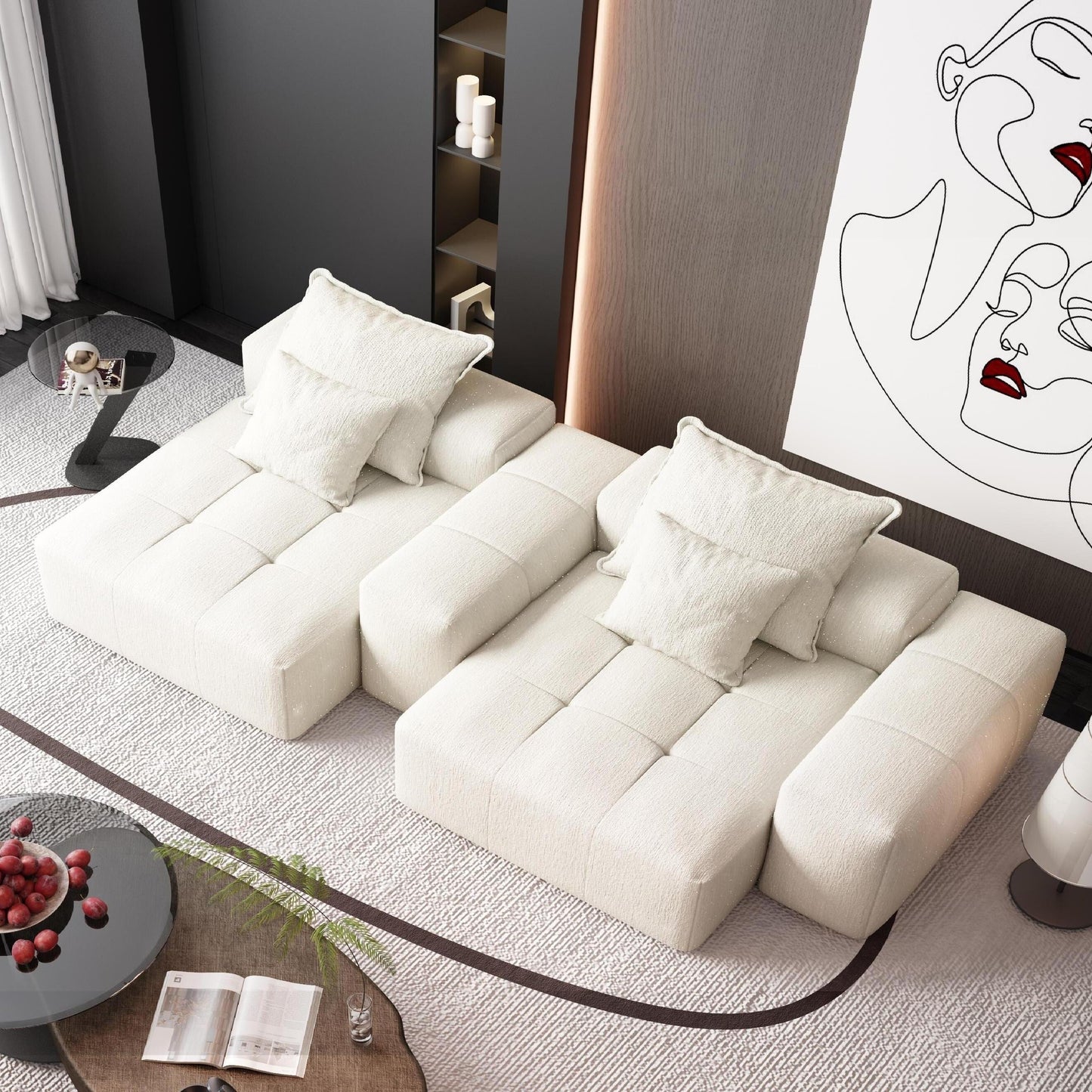 Canapé modulaire moderne en chenille avec 2 chaises longues, 2 accoudoirs et 4 coussins pour le salon