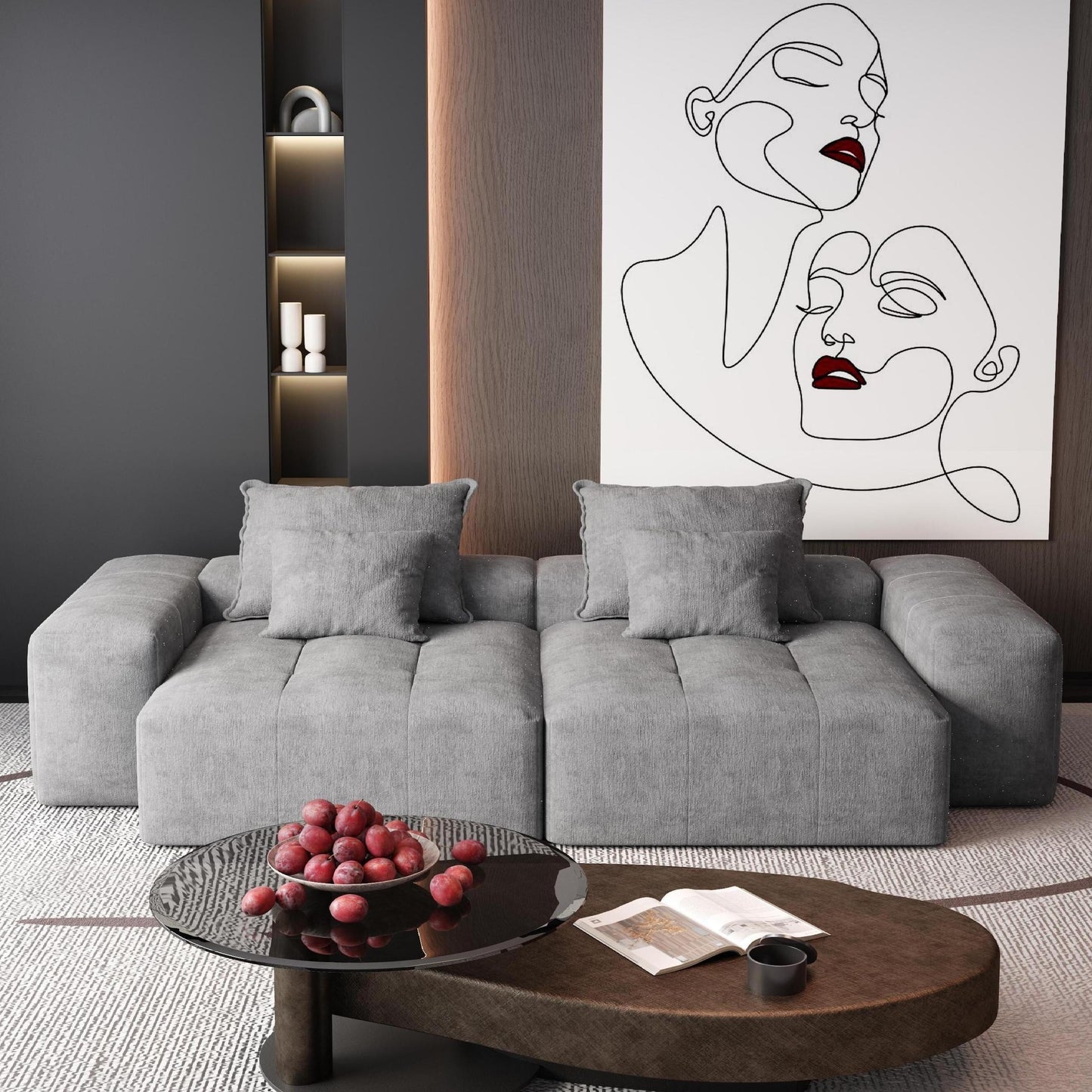 Canapé modulaire moderne en chenille avec 2 chaises longues, 2 accoudoirs et 4 coussins pour le salon