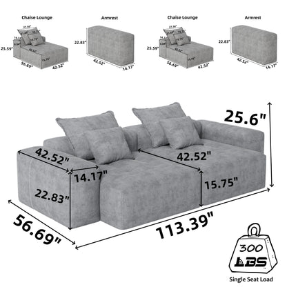 Canapé modulaire moderne en chenille avec 2 chaises longues, 2 accoudoirs et 4 coussins pour le salon