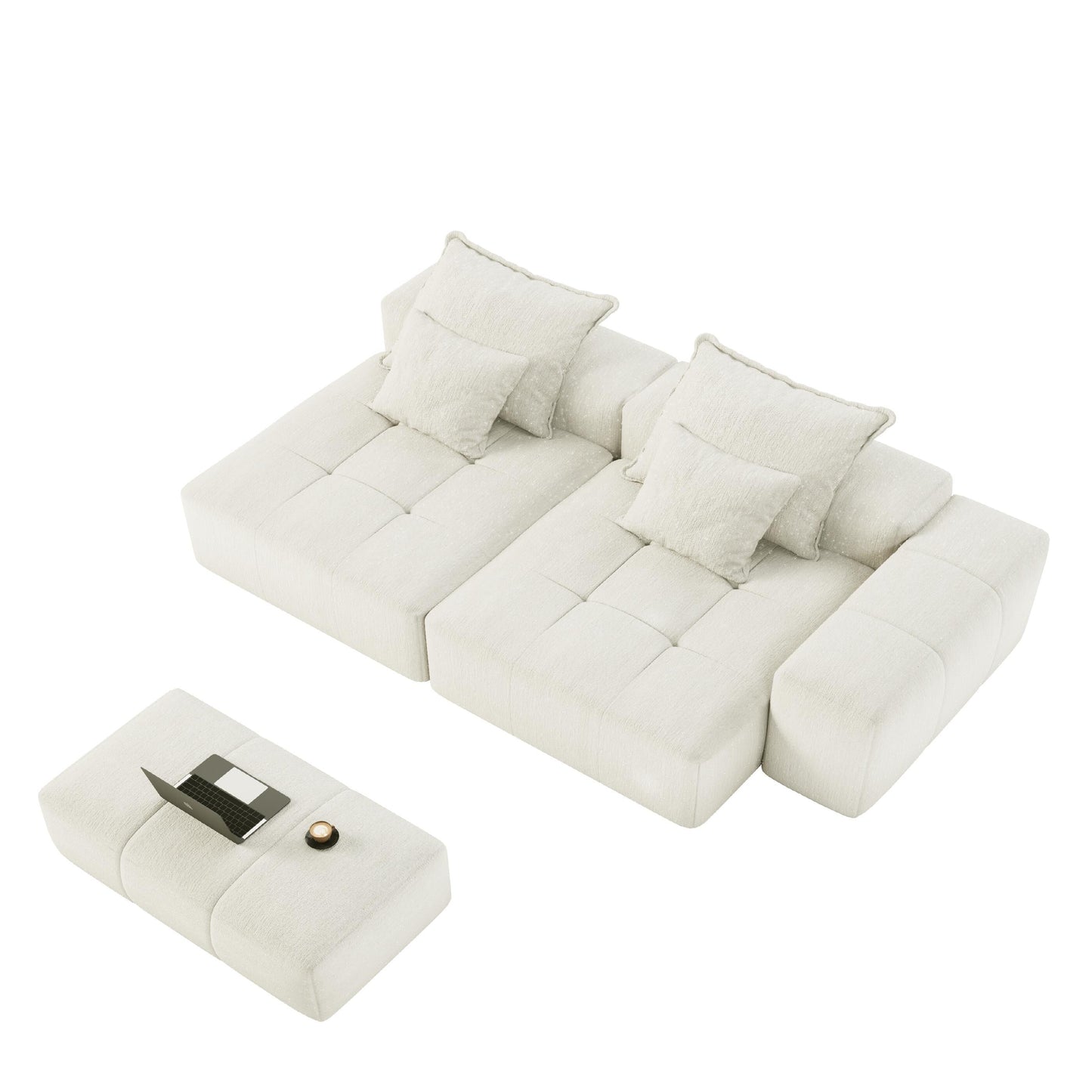 Canapé modulaire moderne en chenille avec 2 chaises longues, 2 accoudoirs et 4 coussins pour le salon