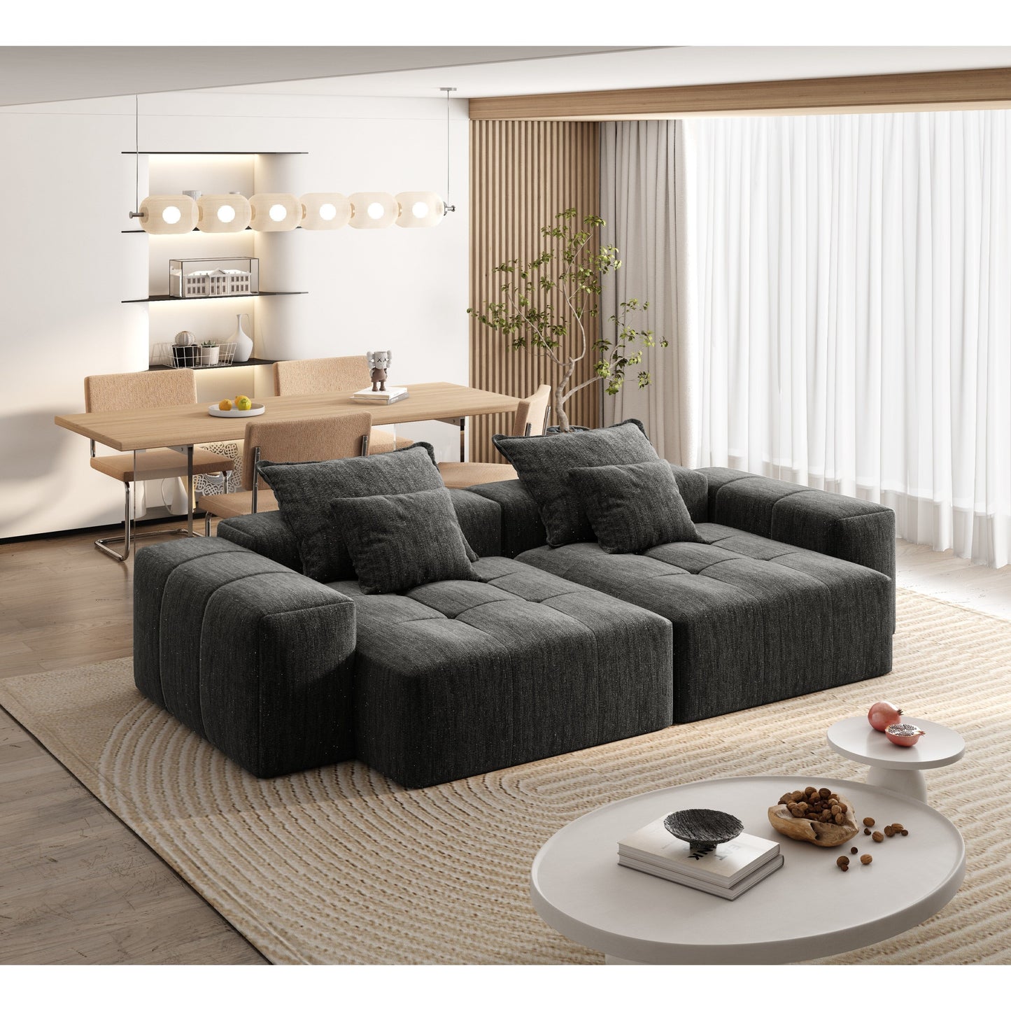 Canapé modulaire moderne en chenille avec 2 chaises longues, 2 accoudoirs et 4 coussins pour le salon