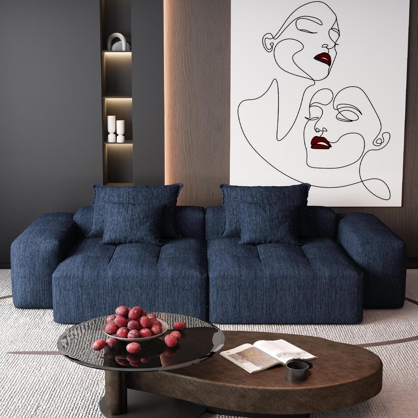 Canapé modulaire moderne en chenille avec 2 chaises longues, 2 accoudoirs et 4 coussins pour le salon