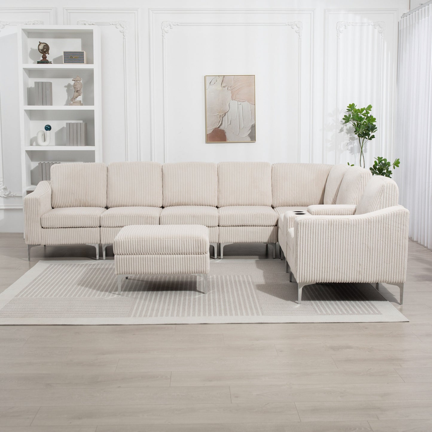 Canapé d'angle modulaire moderne en velours côtelé avec ports USB, pouf de rangement et porte-gobelets pour salon d'appartement