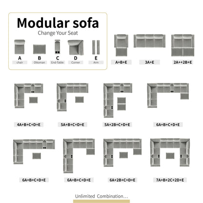 Canapé d'angle modulaire moderne en velours côtelé avec ports USB, pouf de rangement et porte-gobelets pour salon d'appartement