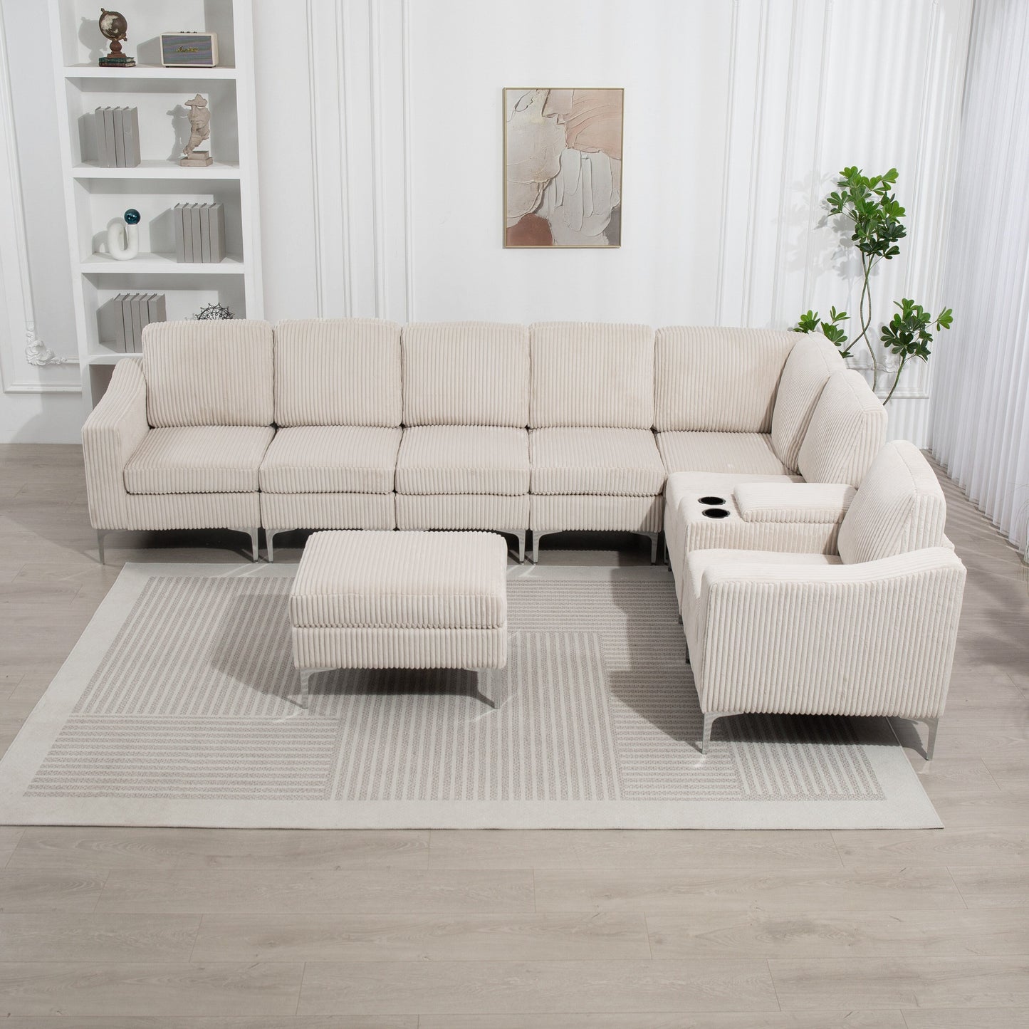 Canapé d'angle modulaire moderne en velours côtelé avec ports USB, pouf de rangement et porte-gobelets pour salon d'appartement