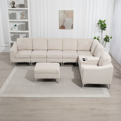 Canapé d'angle modulaire moderne en velours côtelé avec ports USB, pouf de rangement et porte-gobelets pour salon d'appartement