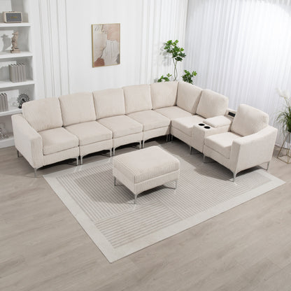 Canapé d'angle modulaire moderne en velours côtelé avec ports USB, pouf de rangement et porte-gobelets pour salon d'appartement