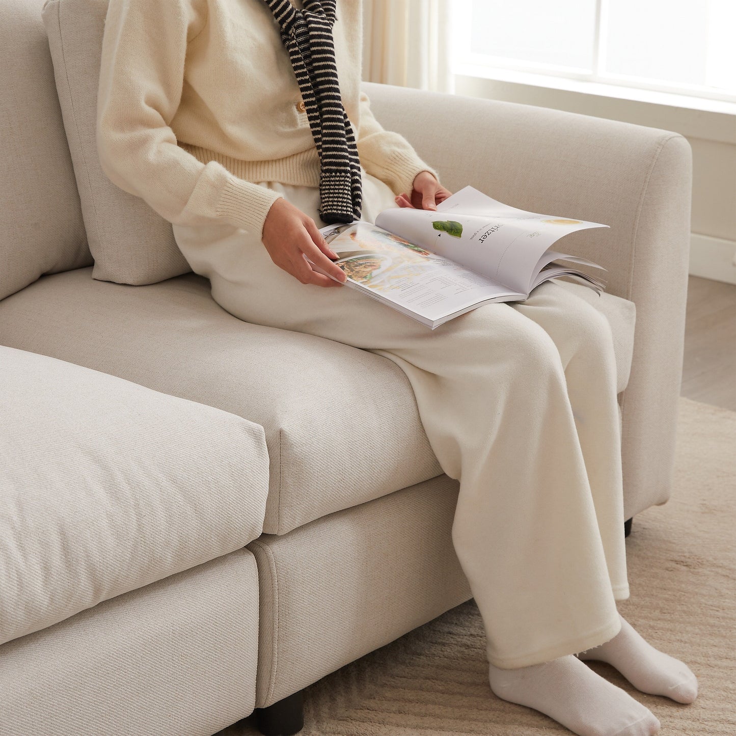 Canapé modulaire moderne en L avec pouf, 3 coussins et 3 oreillers pour le salon