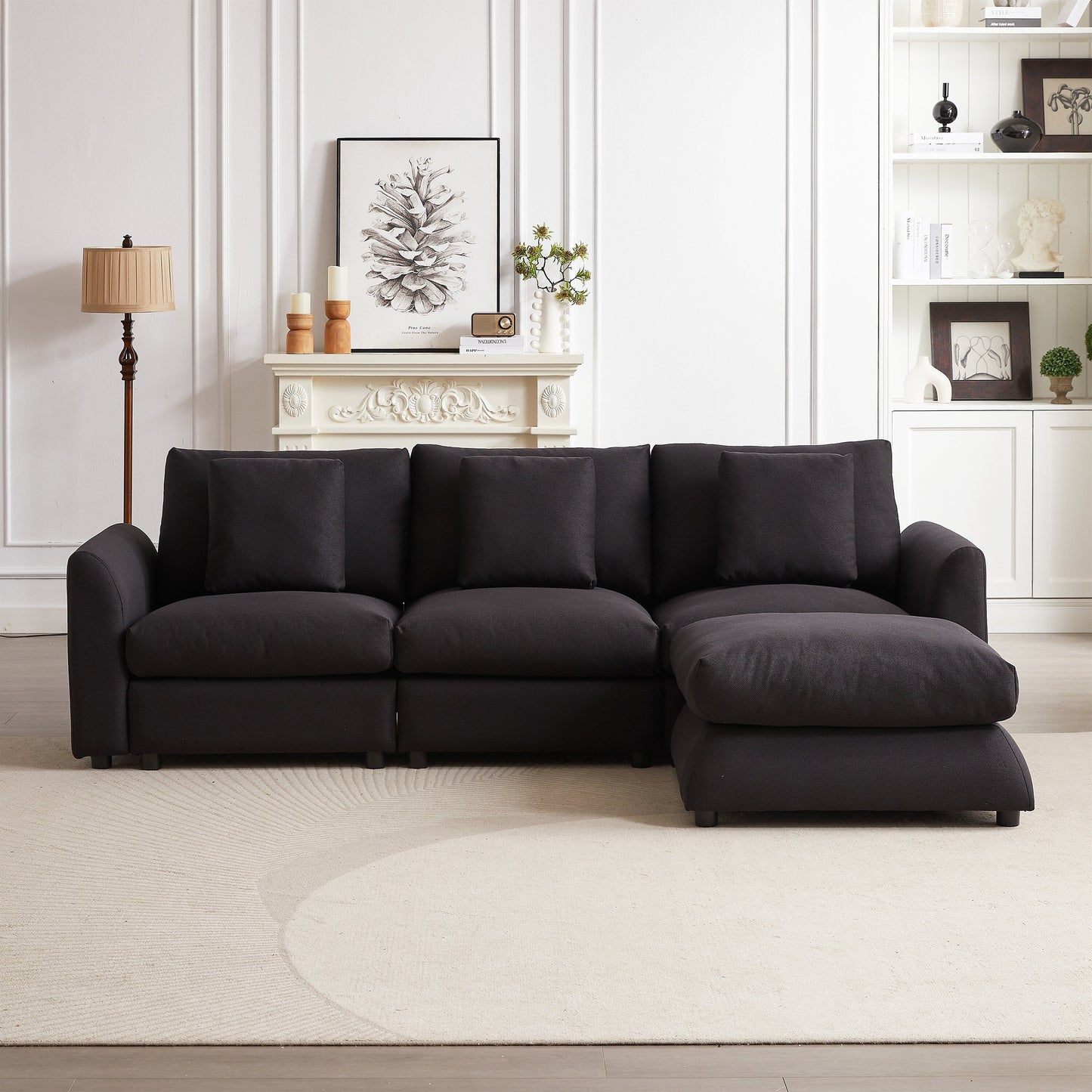 Canapé modulaire moderne en L avec pouf, 3 coussins et 3 oreillers pour le salon