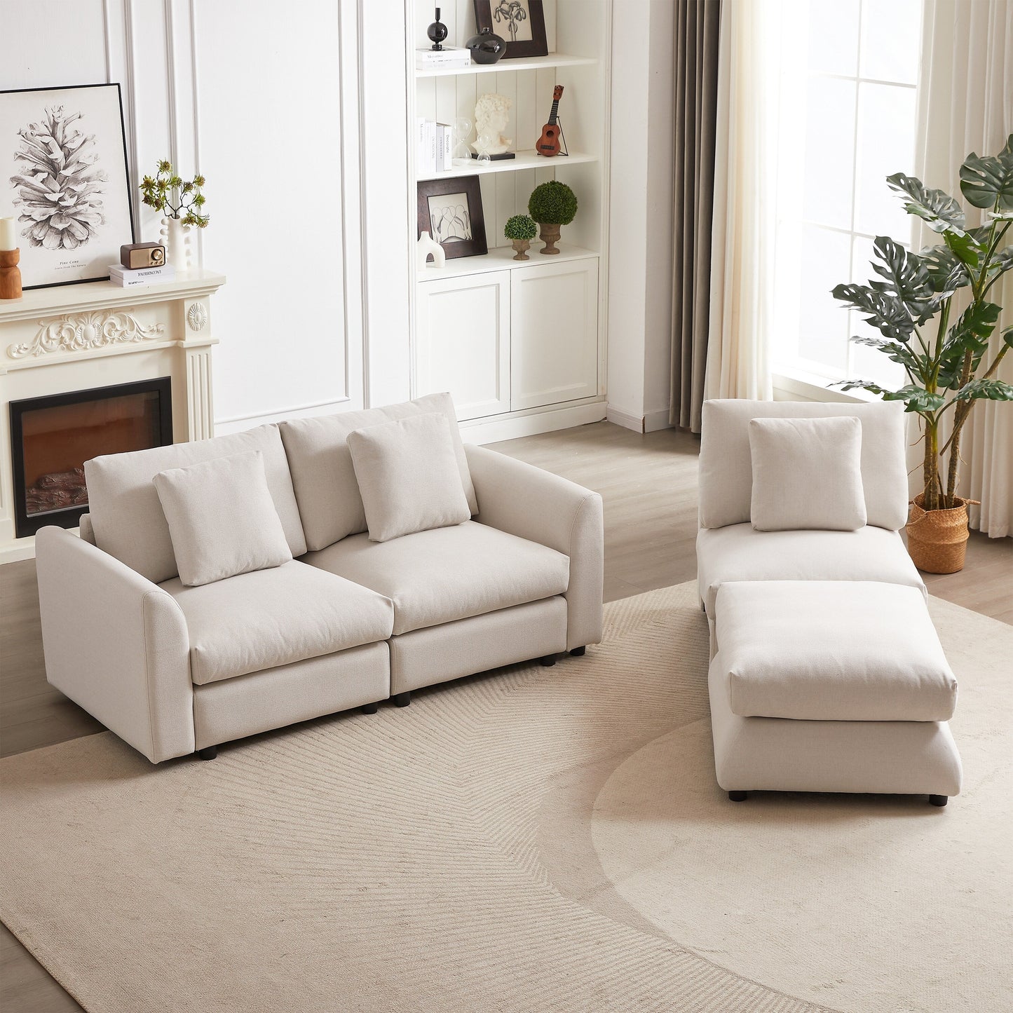 Canapé modulaire moderne en L avec pouf, 3 coussins et 3 oreillers pour le salon