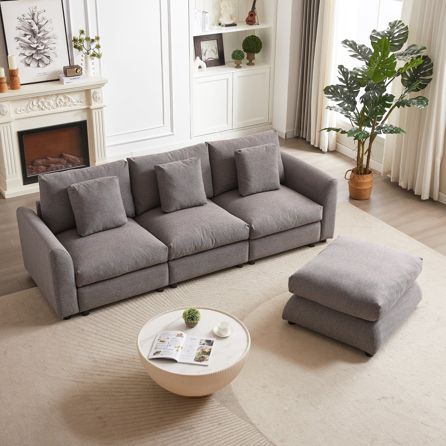 Canapé modulaire moderne en L avec pouf, 3 coussins et 3 oreillers pour le salon
