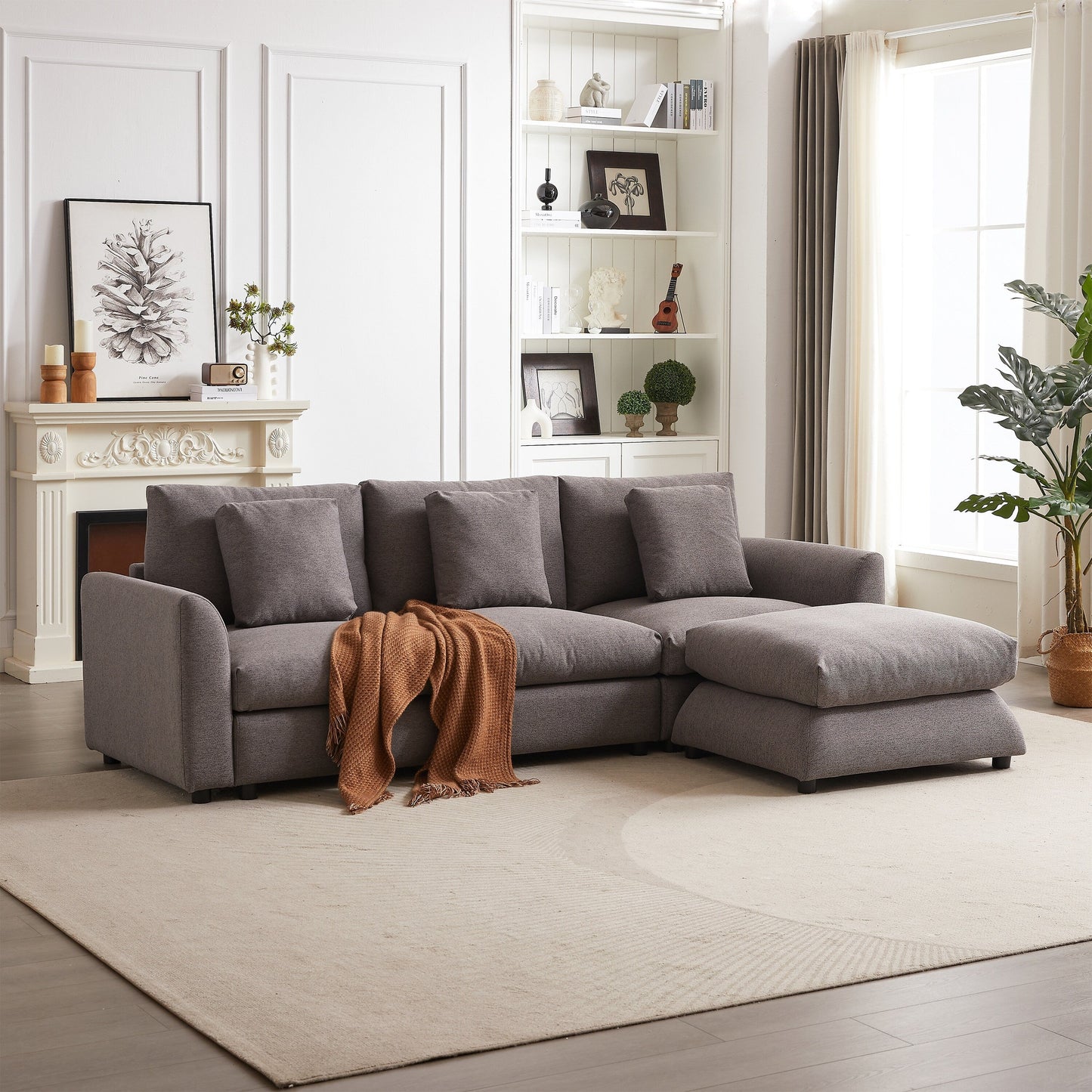Canapé modulaire moderne en L avec pouf, 3 coussins et 3 oreillers pour le salon