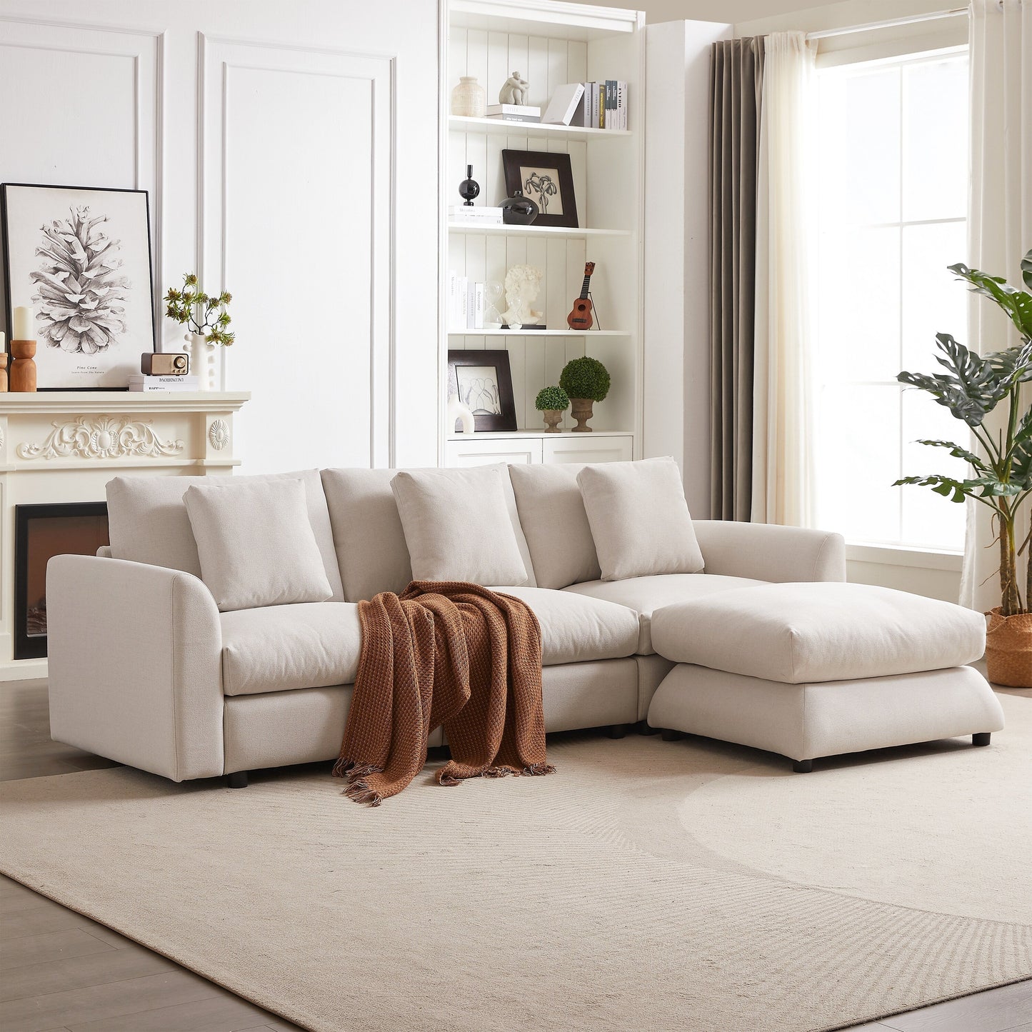 Canapé modulaire moderne en L avec pouf, 3 coussins et 3 oreillers pour le salon