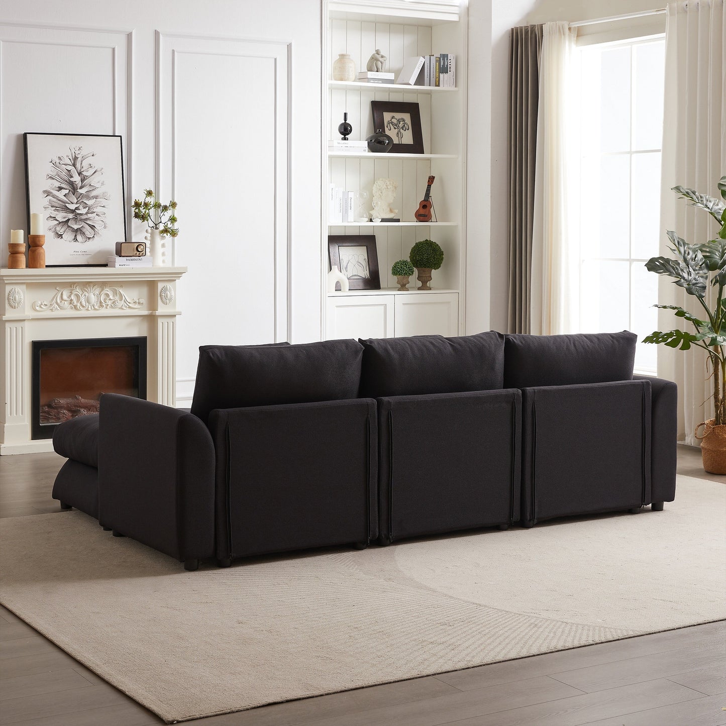 Canapé modulaire moderne en L avec pouf, 3 coussins et 3 oreillers pour le salon
