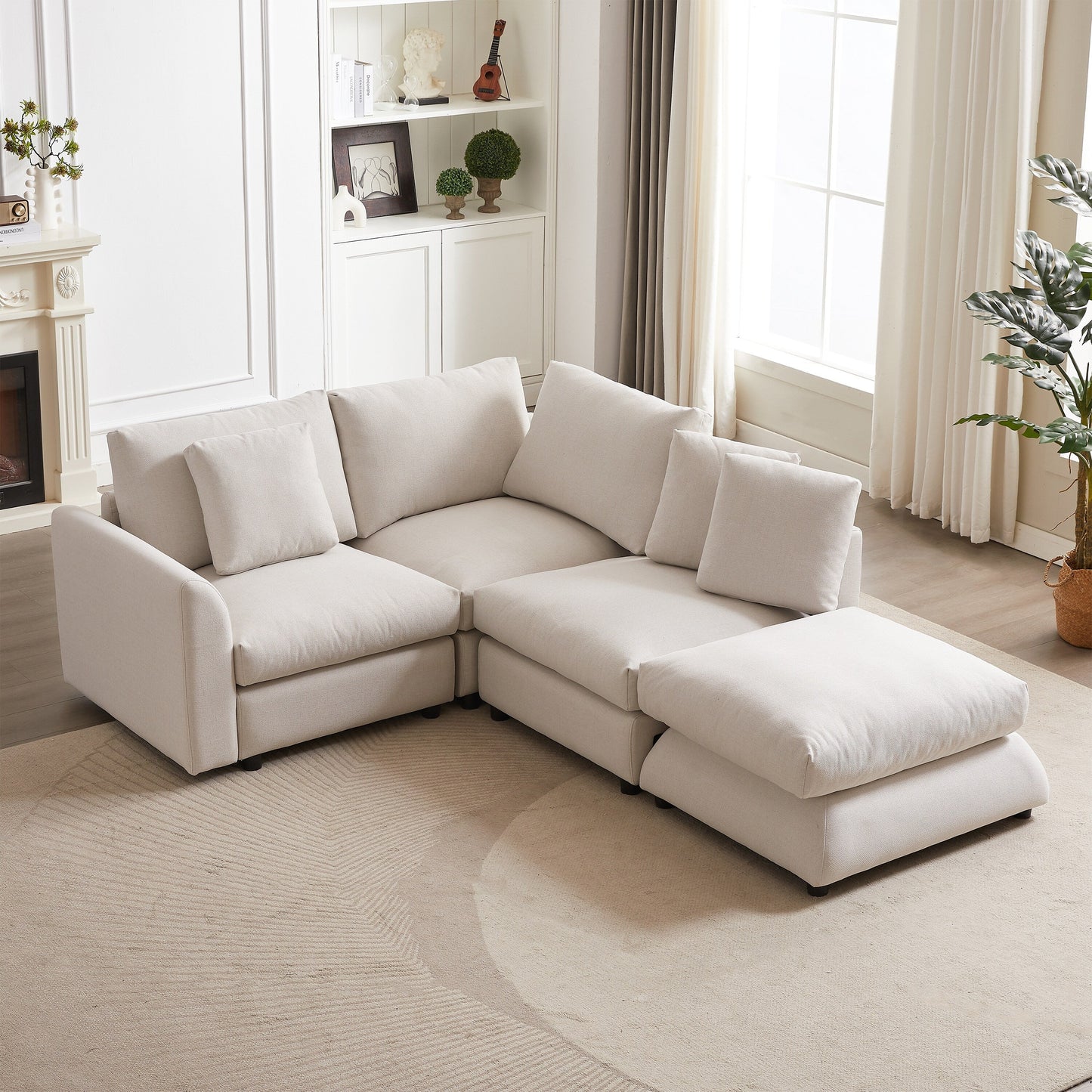 Canapé modulaire moderne en L avec pouf, 3 coussins et 3 oreillers pour le salon