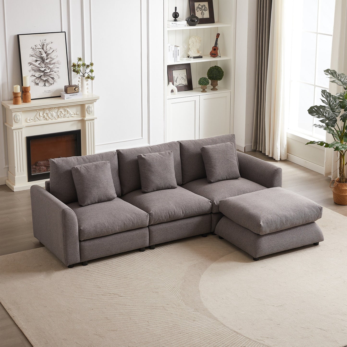 Canapé modulaire moderne en L avec pouf, 3 coussins et 3 oreillers pour le salon