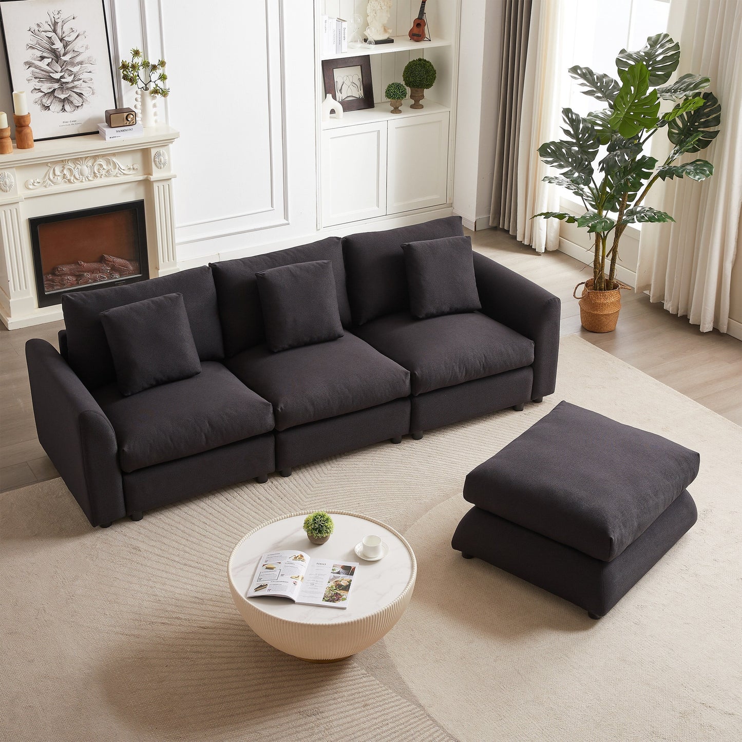 Canapé modulaire moderne en L avec pouf, 3 coussins et 3 oreillers pour le salon