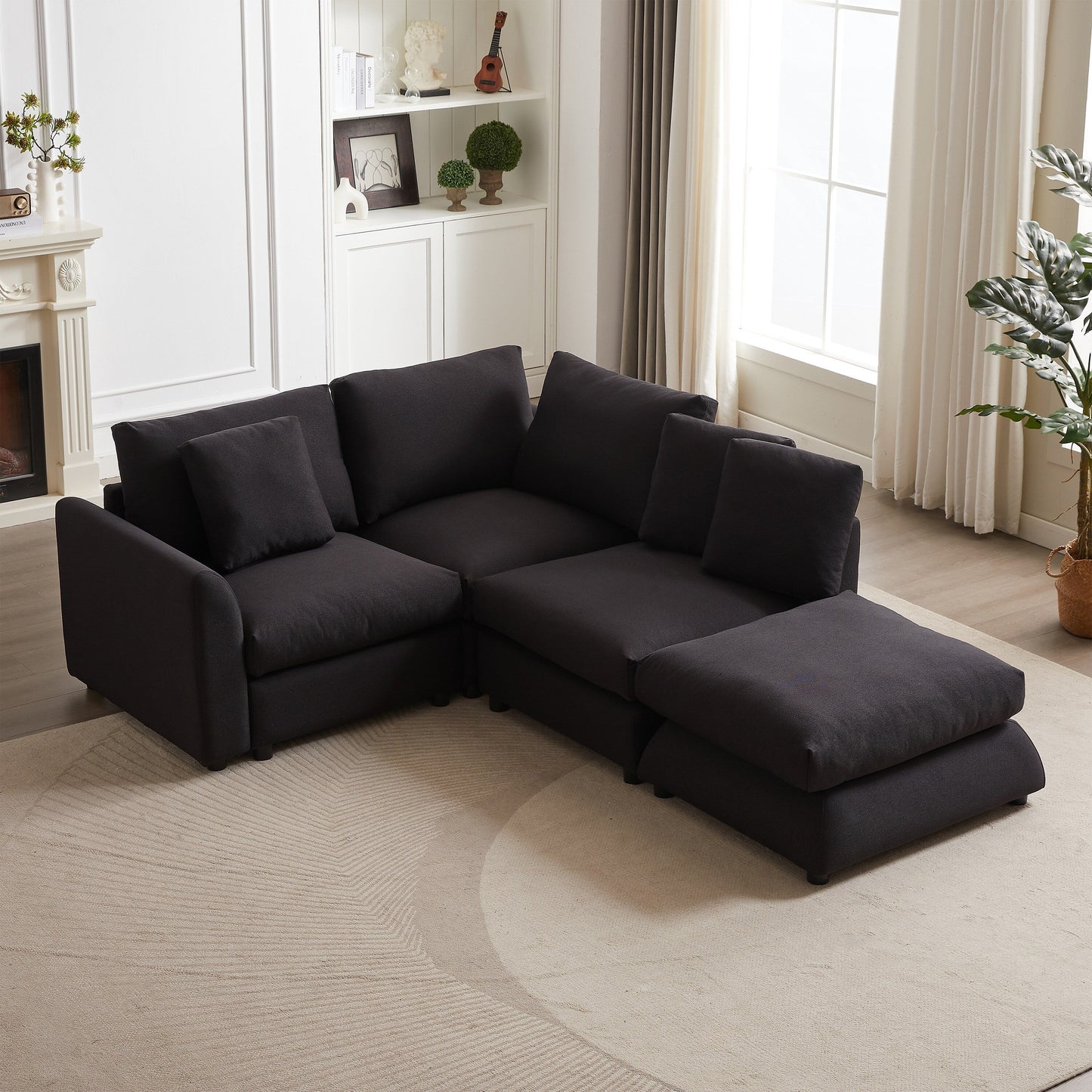 Canapé modulaire moderne en L avec pouf, 3 coussins et 3 oreillers pour le salon