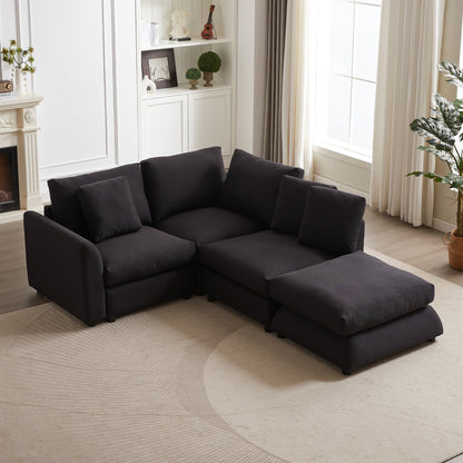 Canapé modulaire moderne en L avec pouf, 3 coussins et 3 oreillers pour le salon