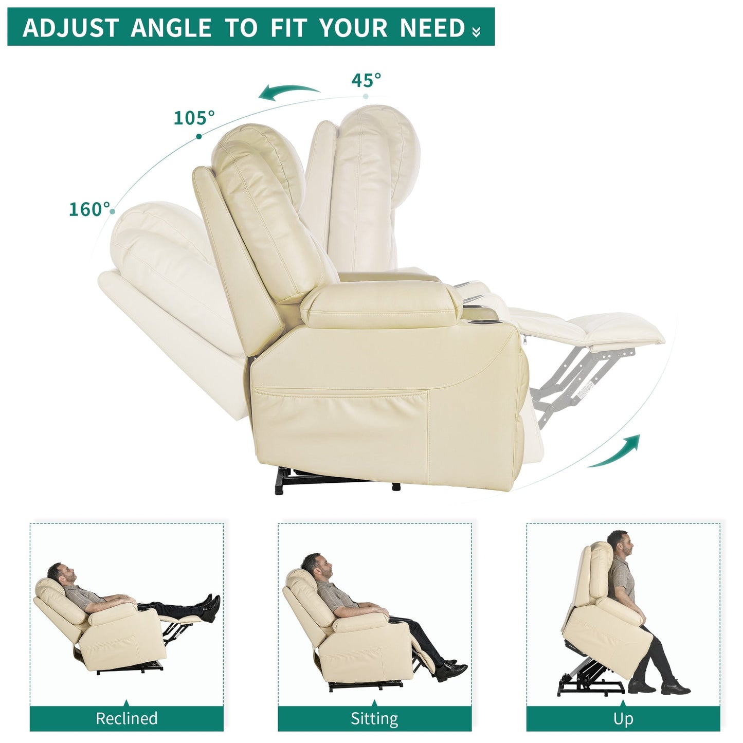 Fauteuil inclinable moderne blanc cassé en similicuir/tissu massant