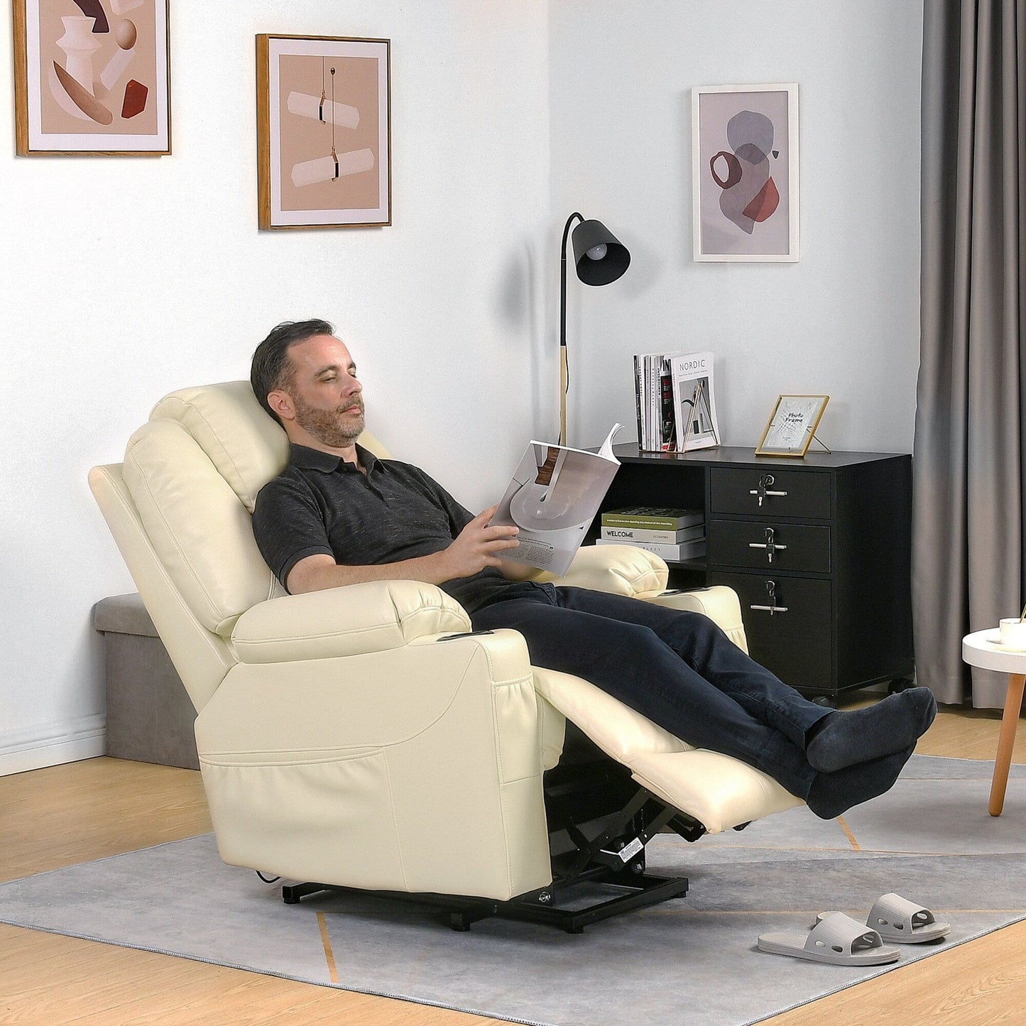 Fauteuil inclinable moderne blanc cassé en similicuir/tissu massant