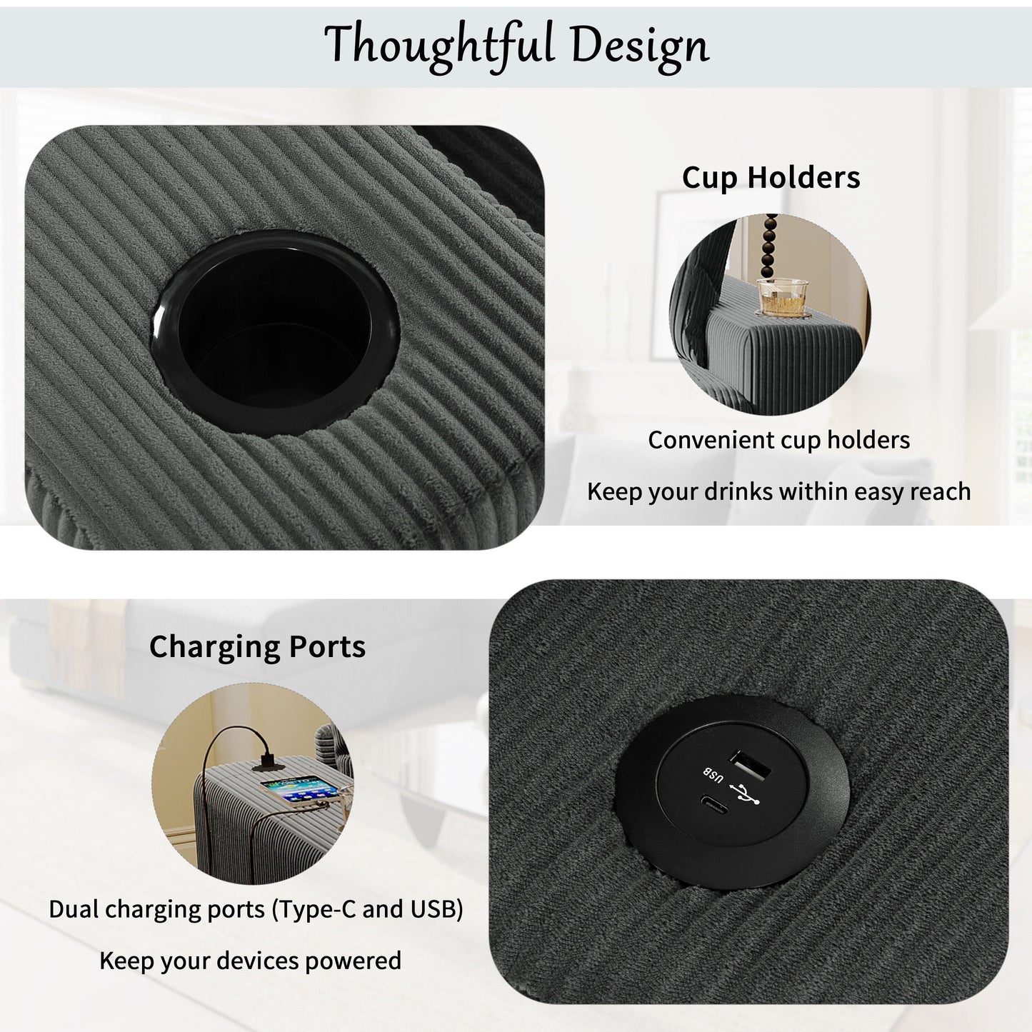 Canapé 3 places moderne et surdimensionné avec porte-gobelets et ports de chargement USB, coussins épais pour le salon