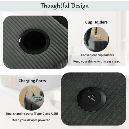 Canapé 3 places moderne et surdimensionné avec porte-gobelets et ports de chargement USB, coussins épais pour le salon