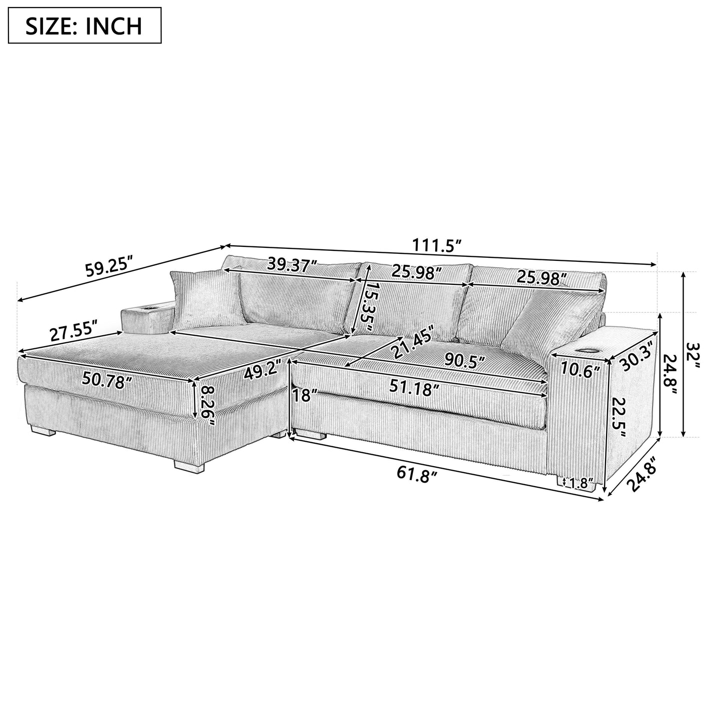 Canapé 3 places moderne et surdimensionné avec porte-gobelets et ports de chargement USB, coussins épais pour le salon