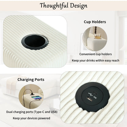 Canapé 3 places moderne et surdimensionné avec porte-gobelets et ports de chargement USB, coussins épais pour le salon