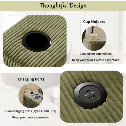 Canapé 3 places moderne et surdimensionné avec porte-gobelets et ports de chargement USB, coussins épais pour le salon