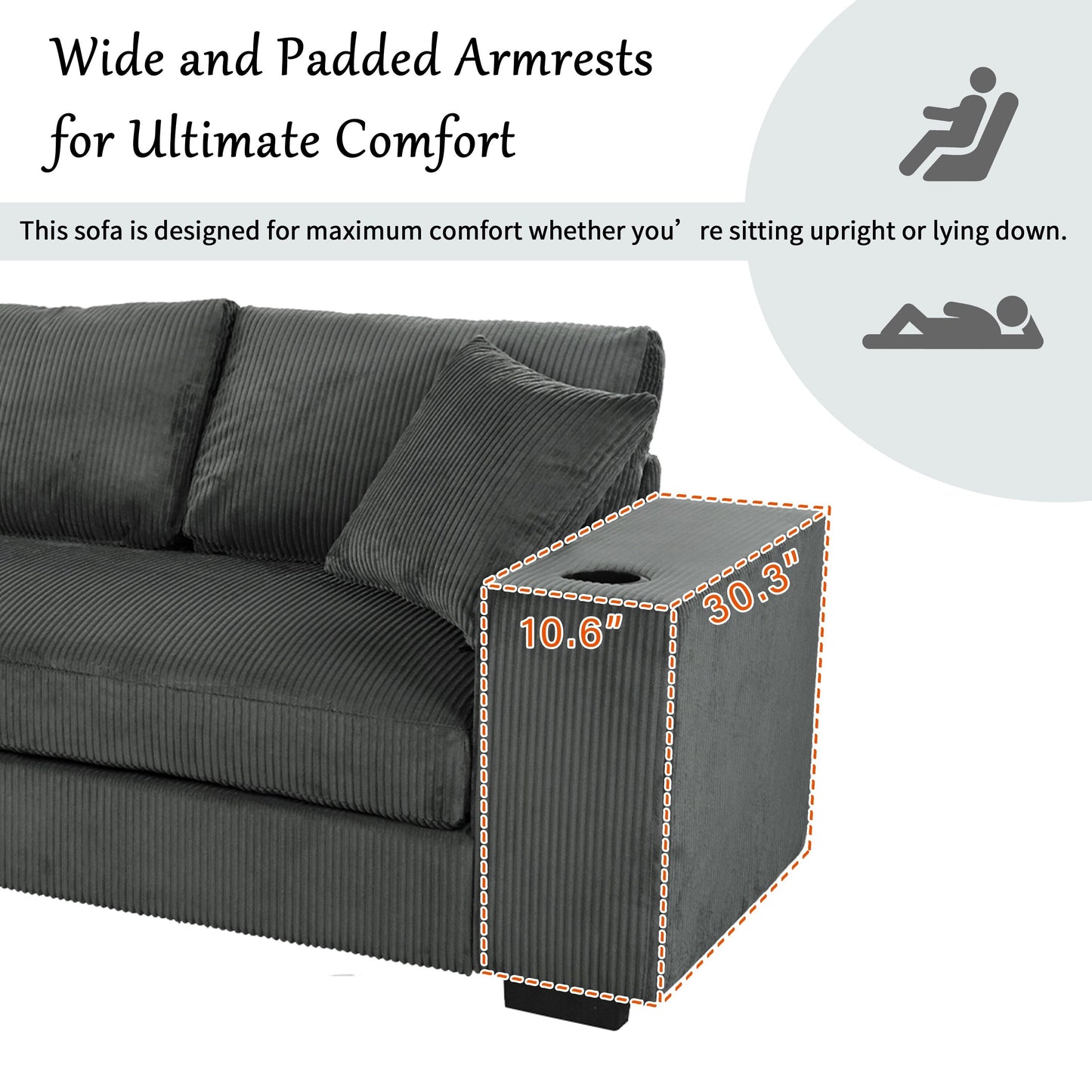 Canapé 3 places moderne et surdimensionné avec porte-gobelets et ports de chargement USB, coussins épais pour le salon