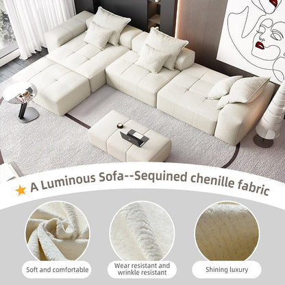 Canapé modulaire moderne surdimensionné en chenille, capitonné, avec 6 oreillers et pouf pour le salon