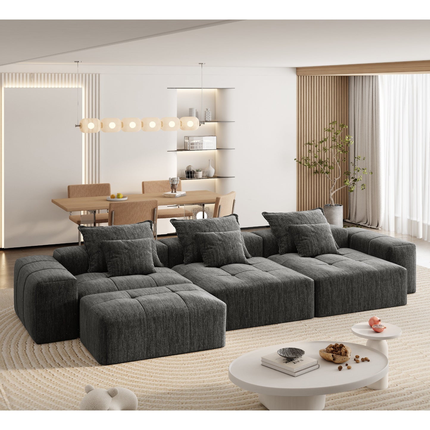 Canapé modulaire moderne surdimensionné en chenille, capitonné, avec 6 oreillers et pouf pour le salon