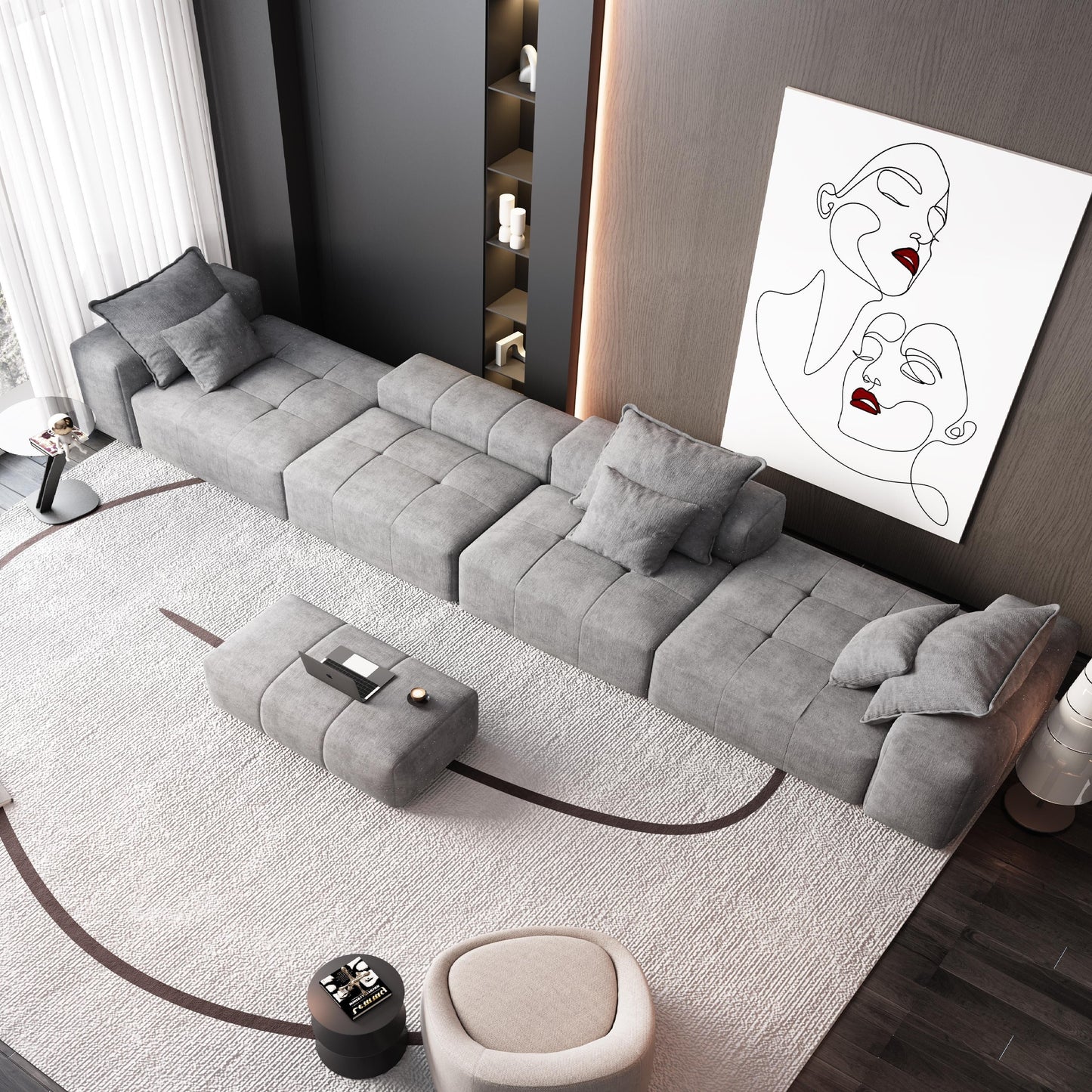 Canapé modulaire moderne surdimensionné en chenille, capitonné, avec 6 oreillers et pouf pour le salon