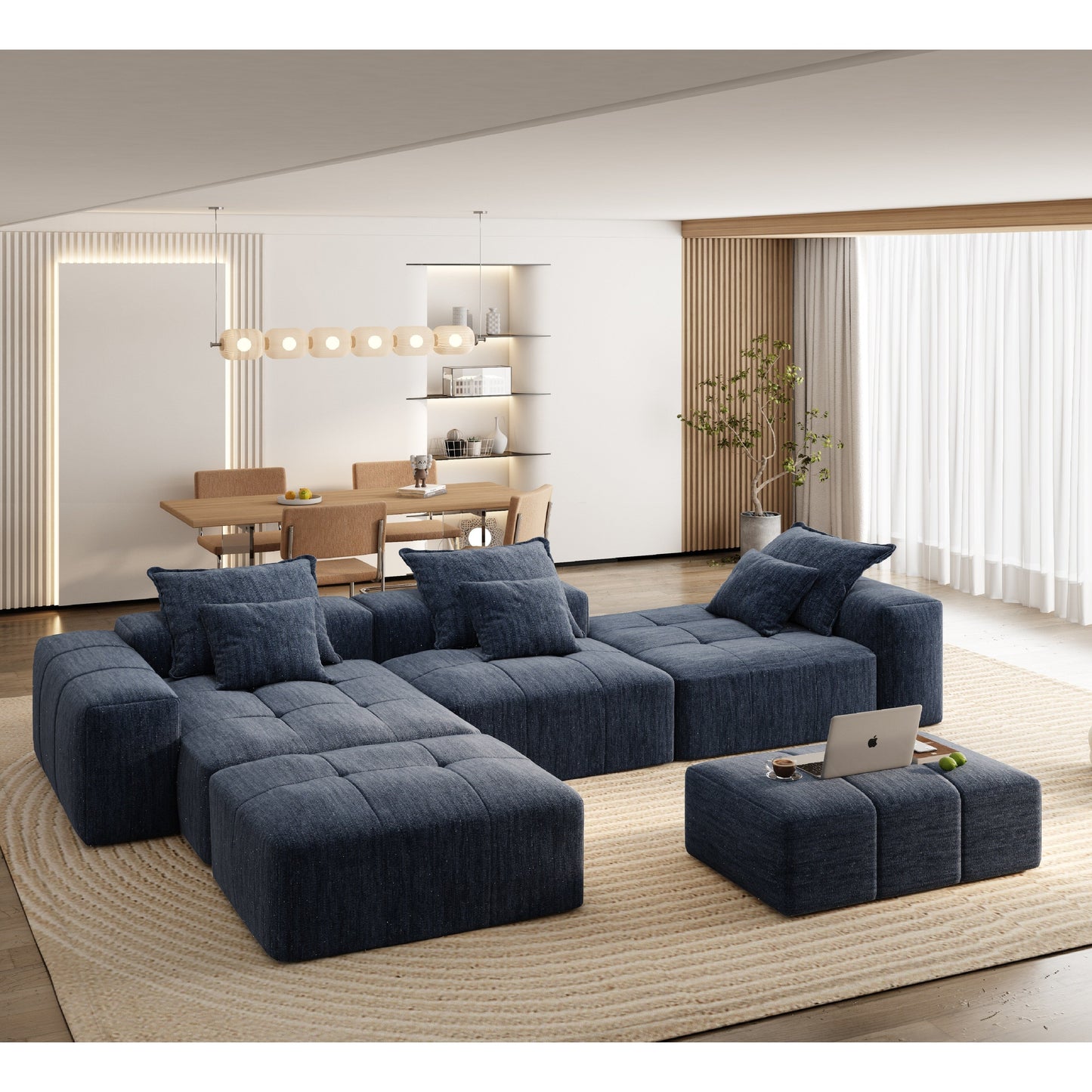 Canapé modulaire moderne surdimensionné en chenille, capitonné, avec 6 oreillers et pouf pour le salon