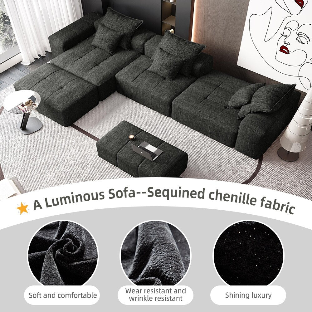 Canapé modulaire moderne surdimensionné en chenille, capitonné, avec 6 oreillers et pouf pour le salon