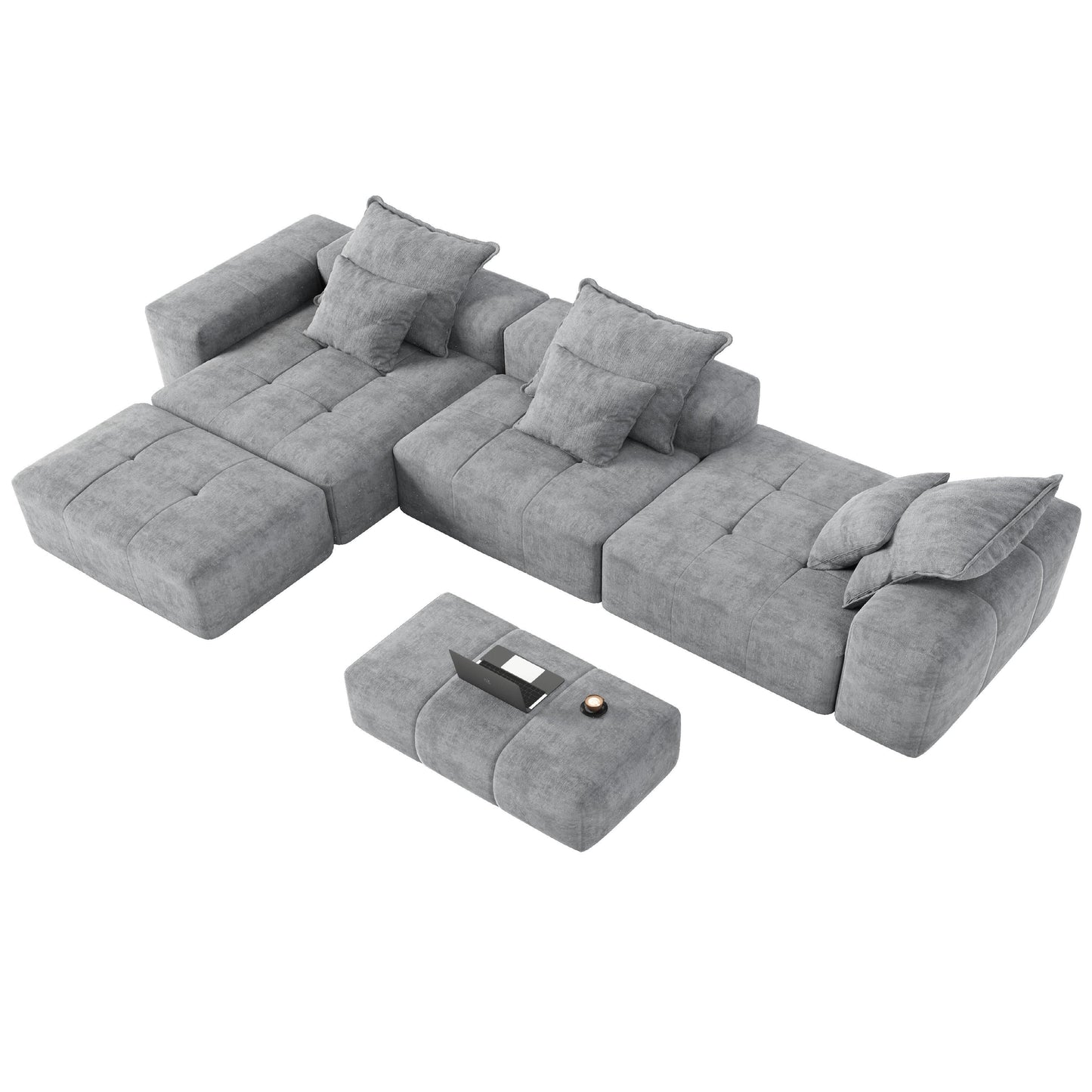 Canapé modulaire moderne surdimensionné en chenille, capitonné, avec 6 oreillers et pouf pour le salon