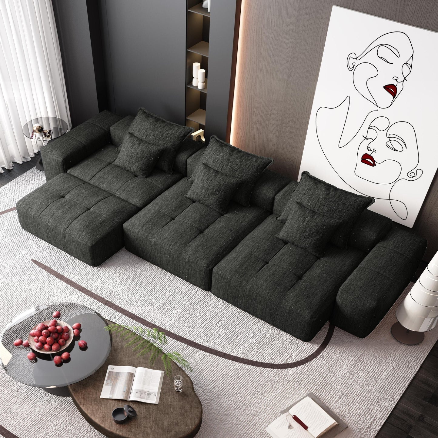 Canapé modulaire moderne surdimensionné en chenille, capitonné, avec 6 oreillers et pouf pour le salon