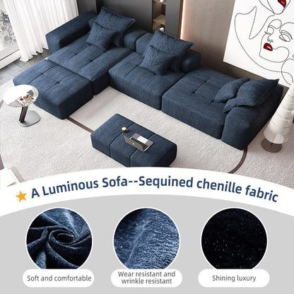 Canapé modulaire moderne surdimensionné en chenille, capitonné, avec 6 oreillers et pouf pour le salon
