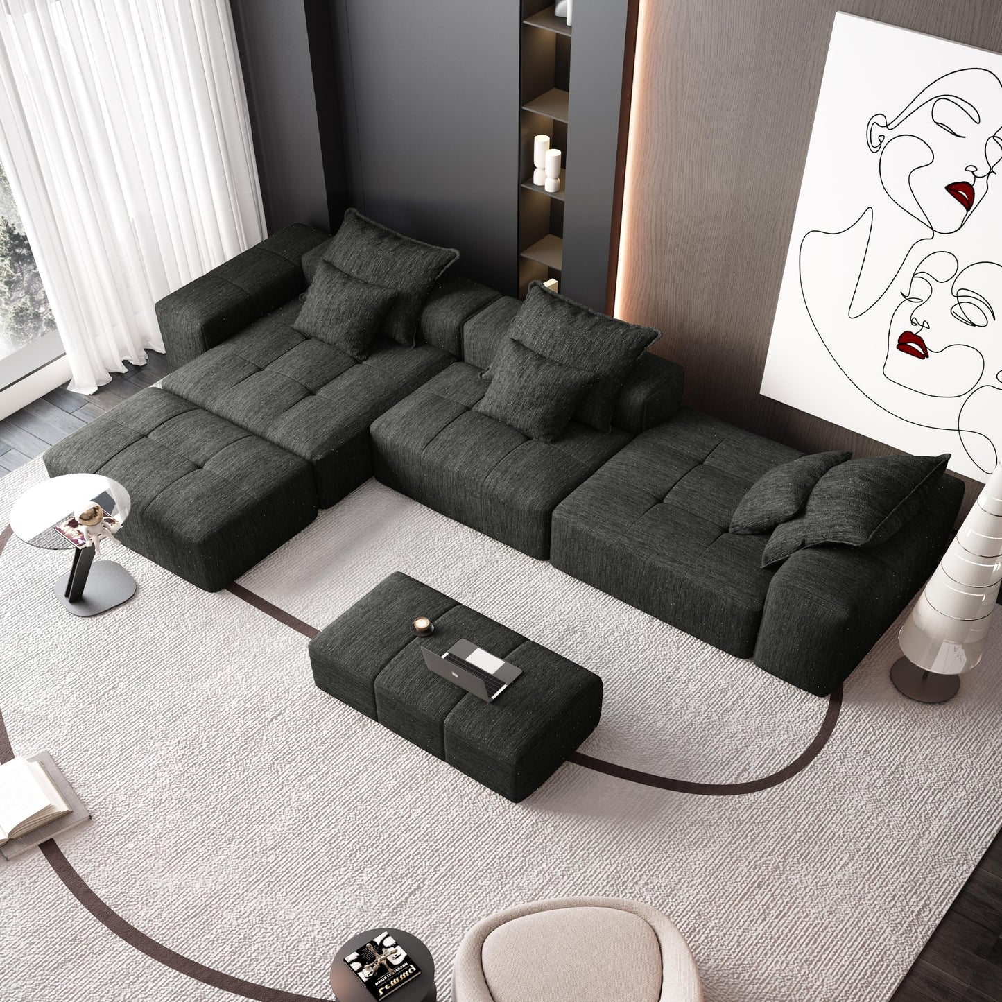 Canapé modulaire moderne surdimensionné en chenille, capitonné, avec 6 oreillers et pouf pour le salon