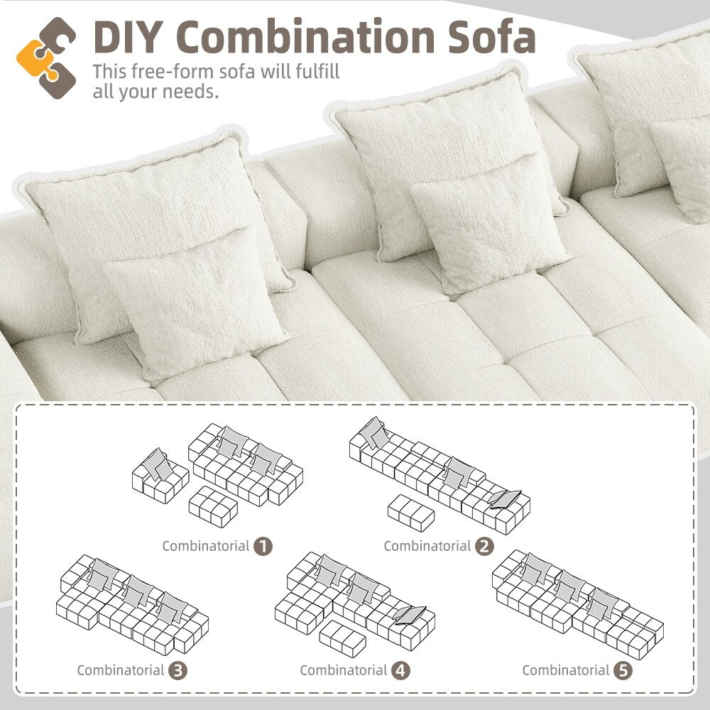 Canapé modulaire moderne surdimensionné en chenille, capitonné, avec 6 oreillers et pouf pour le salon