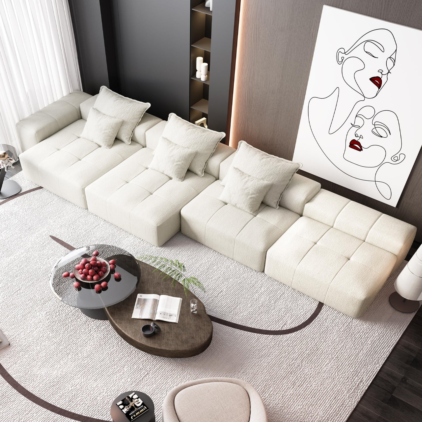 Canapé modulaire moderne surdimensionné en chenille, capitonné, avec 6 oreillers et pouf pour le salon