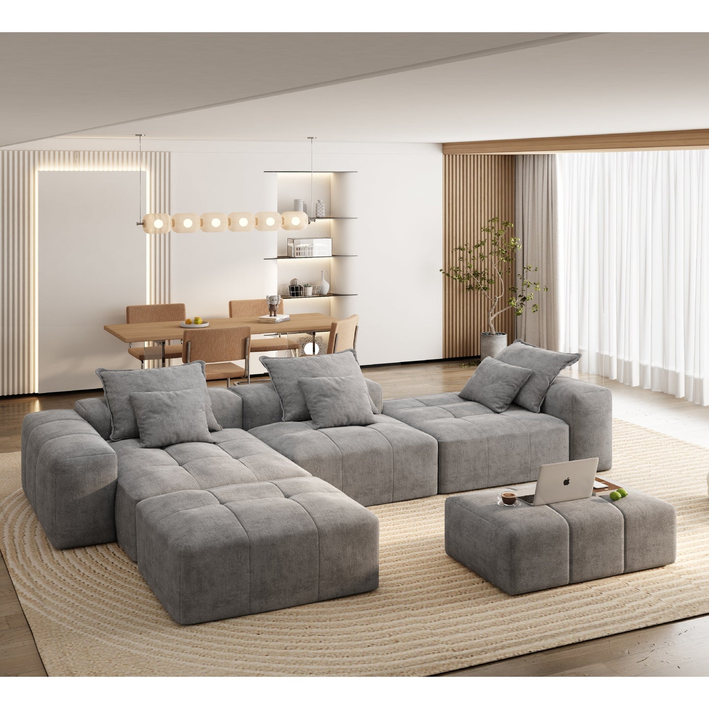 Canapé modulaire moderne surdimensionné en chenille, capitonné, avec 6 oreillers et pouf pour le salon