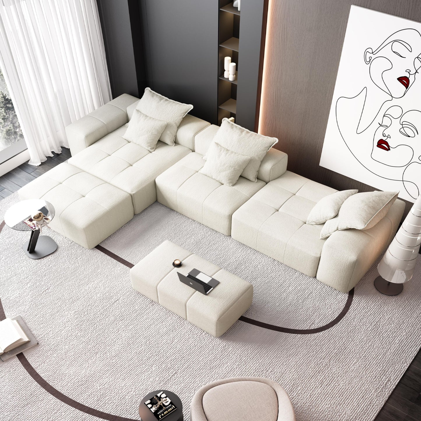 Canapé modulaire moderne surdimensionné en chenille, capitonné, avec 6 oreillers et pouf pour le salon