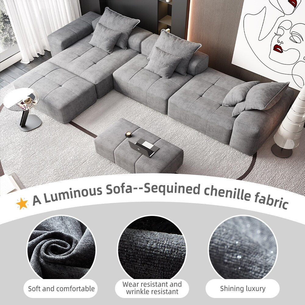 Canapé modulaire moderne surdimensionné en chenille, capitonné, avec 6 oreillers et pouf pour le salon